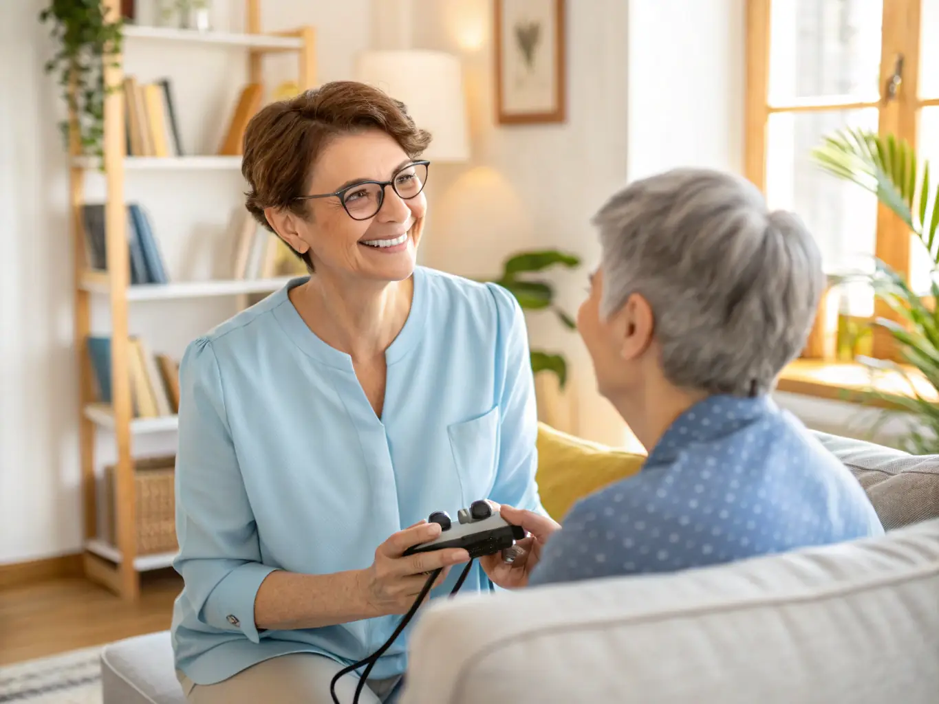 An optician technician is using a portable device to accurately measure a client's pupillary distance and other key measurements for precise lens fitting.