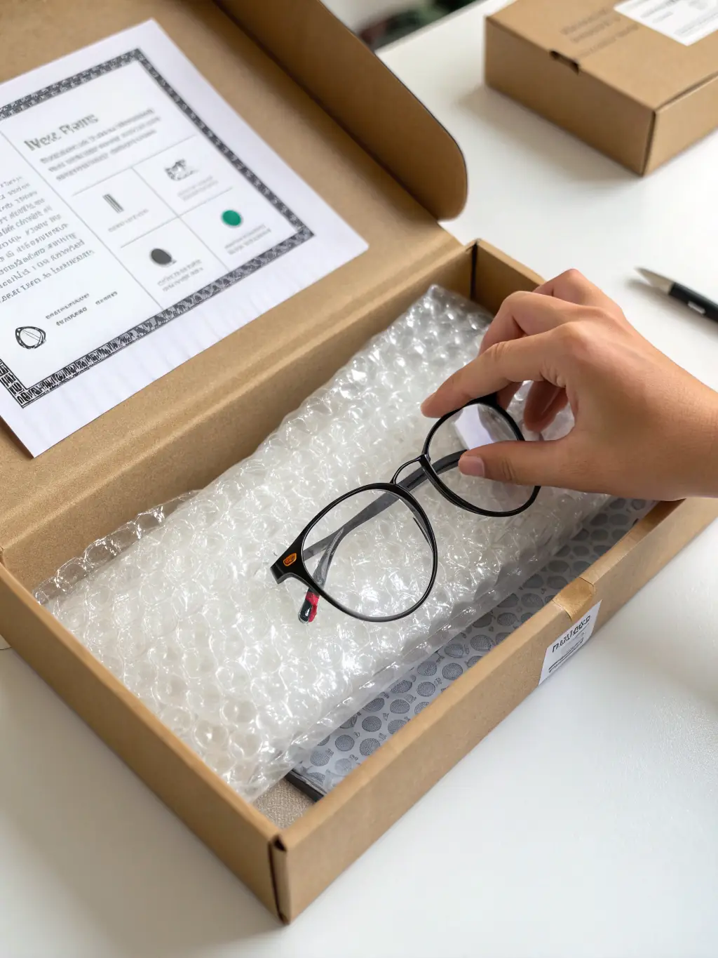 A pair of stylish, newly made glasses being carefully packaged for delivery, highlighting the convenience of home delivery.