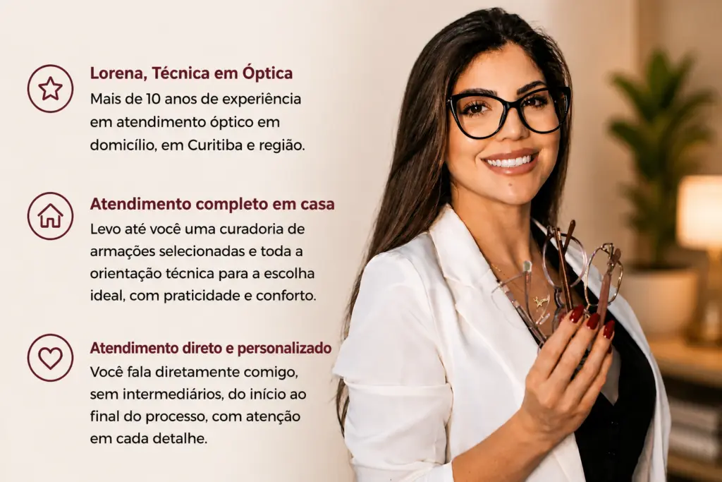 Lorena realizando atendimento óptico personalizado em domicílio em Curitiba